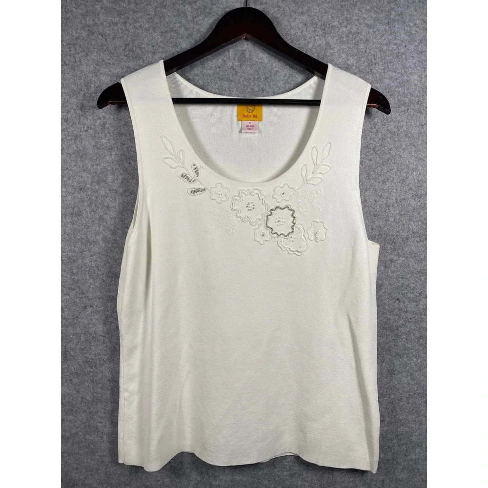 Ruby Rd Womens XL Ivory Floral Embroidered Beaded Knit Tank Top Sleeveless Shell - Picture 1 of 8
